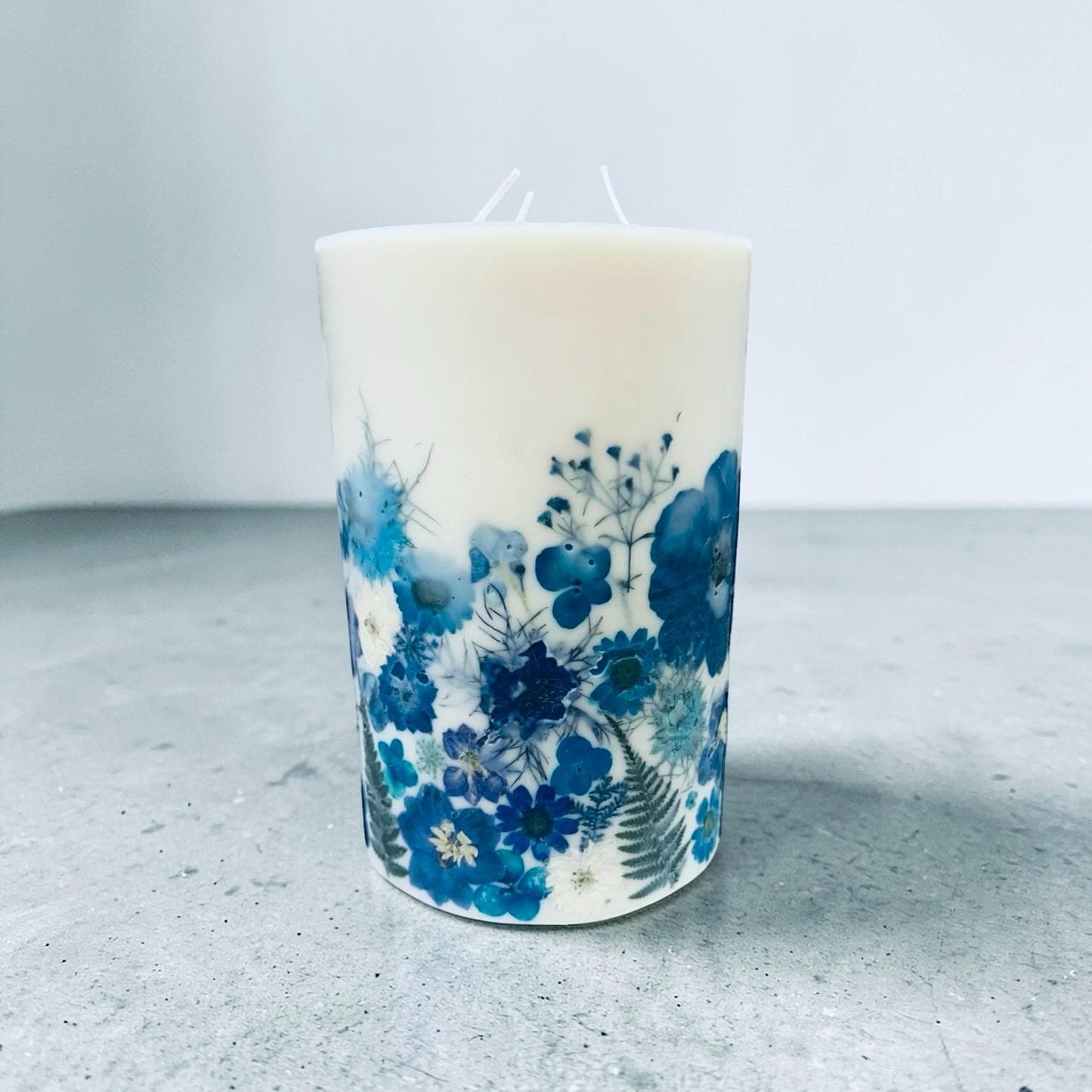 Blue Pressed Flower Handmade Decorative Botanical Pillar Candles with Real Pressed Flowers. Candle w Dried Flowers, Custom Candles