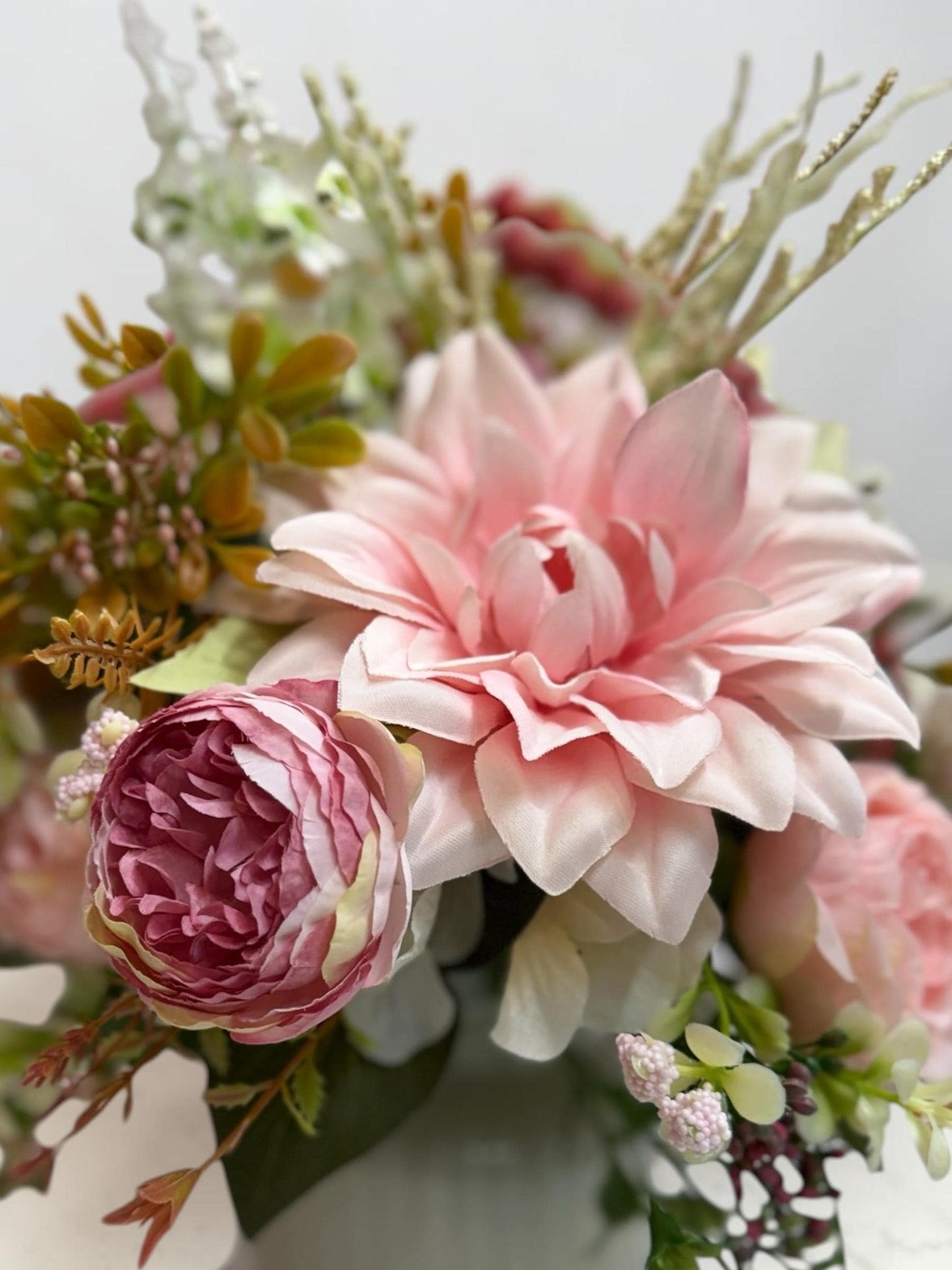 Lush Pink and Cream Arrangement measures 12" wide by 13" tall, in a charming glass jar.