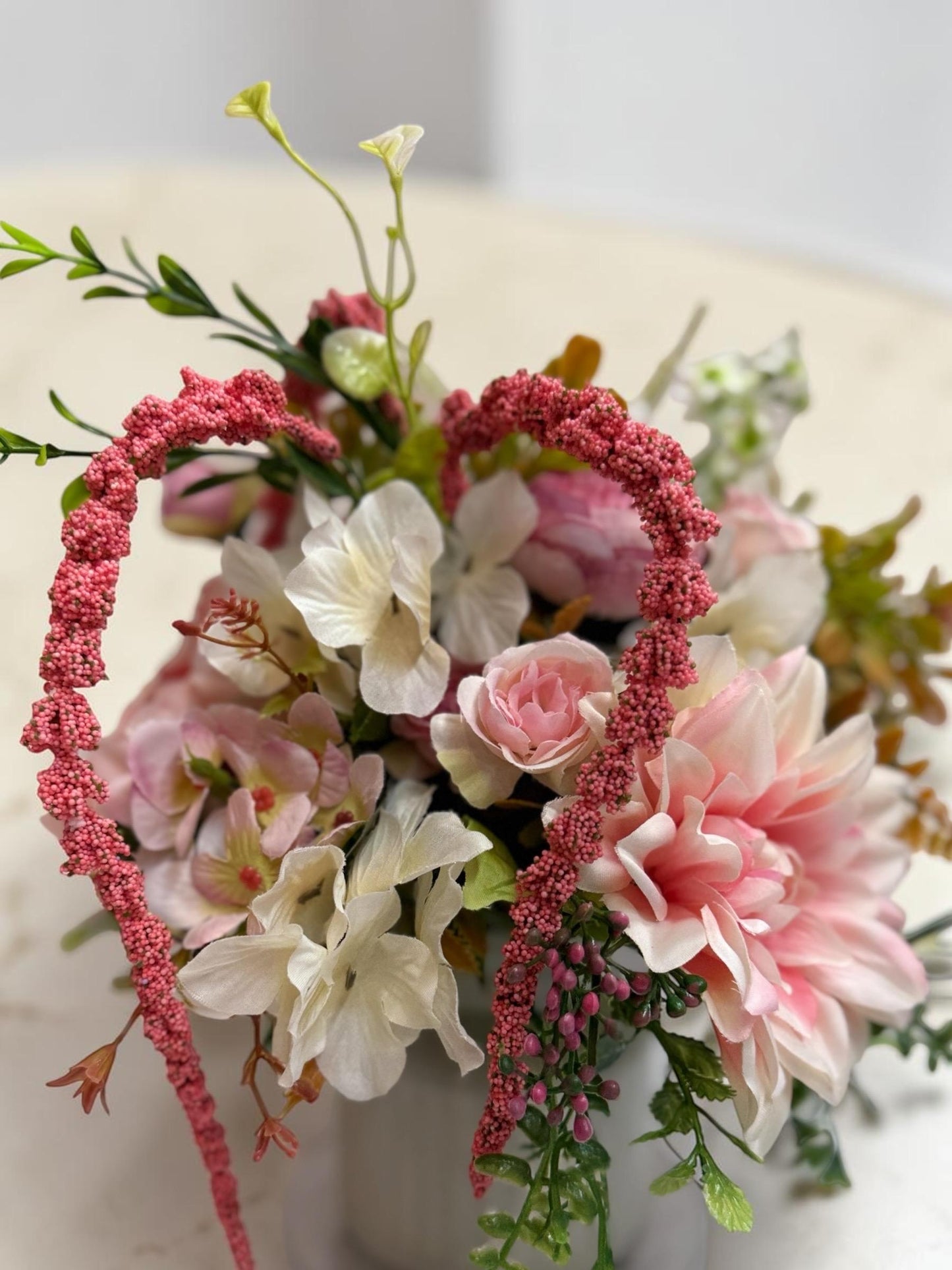 Lush Pink and Cream Arrangement measures 12" wide by 13" tall, in a charming glass jar.