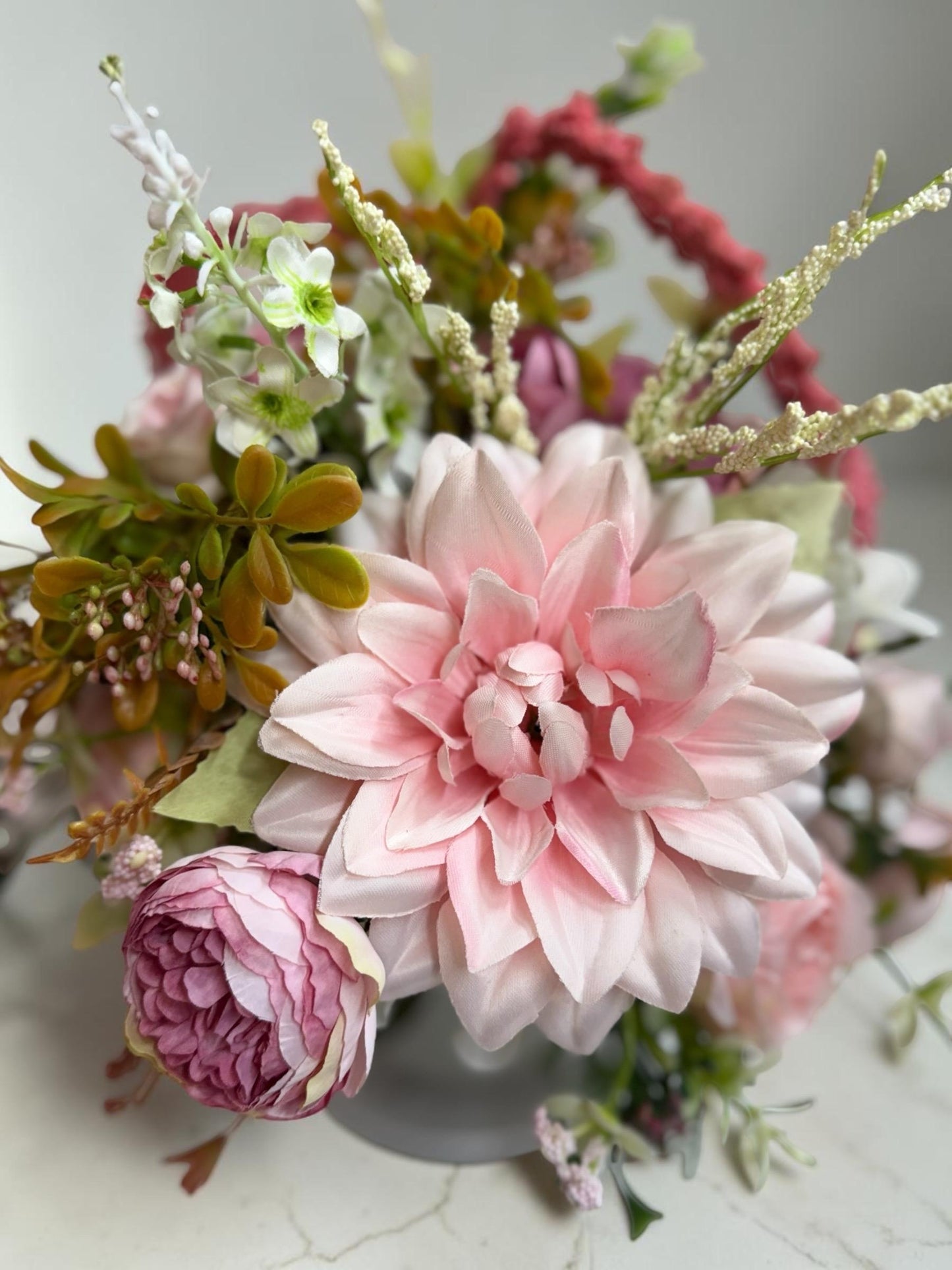 Lush Pink and Cream Arrangement measures 12" wide by 13" tall, in a charming glass jar.