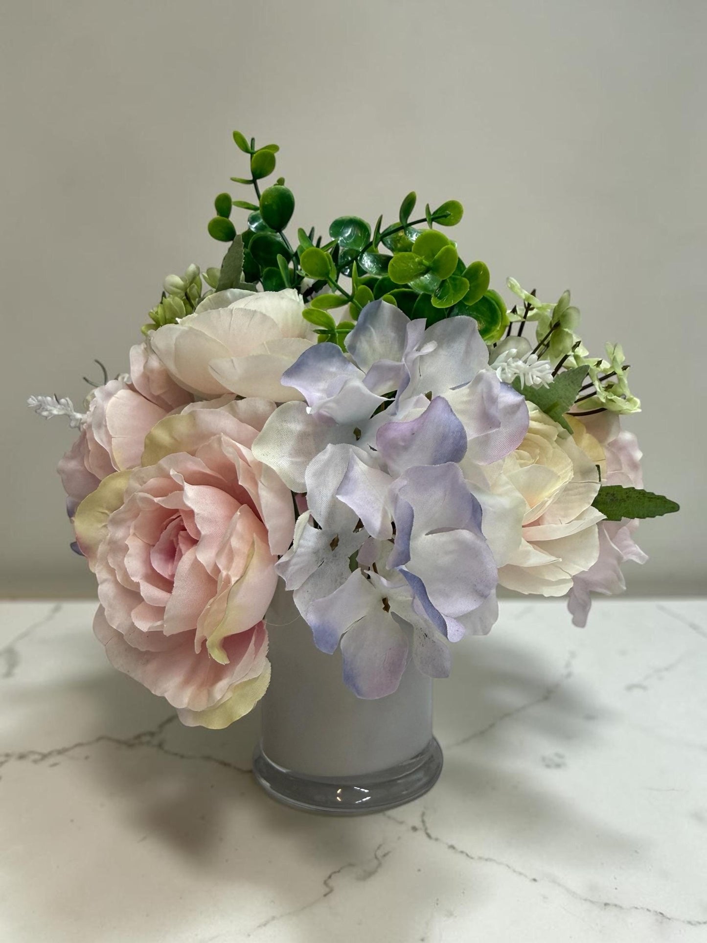 Faux Floral Arrangement in Gray Glass Jar, Pink, Purple, Blue and White Silk Roses and Hydrangeas, 10 inch x 11 Inch