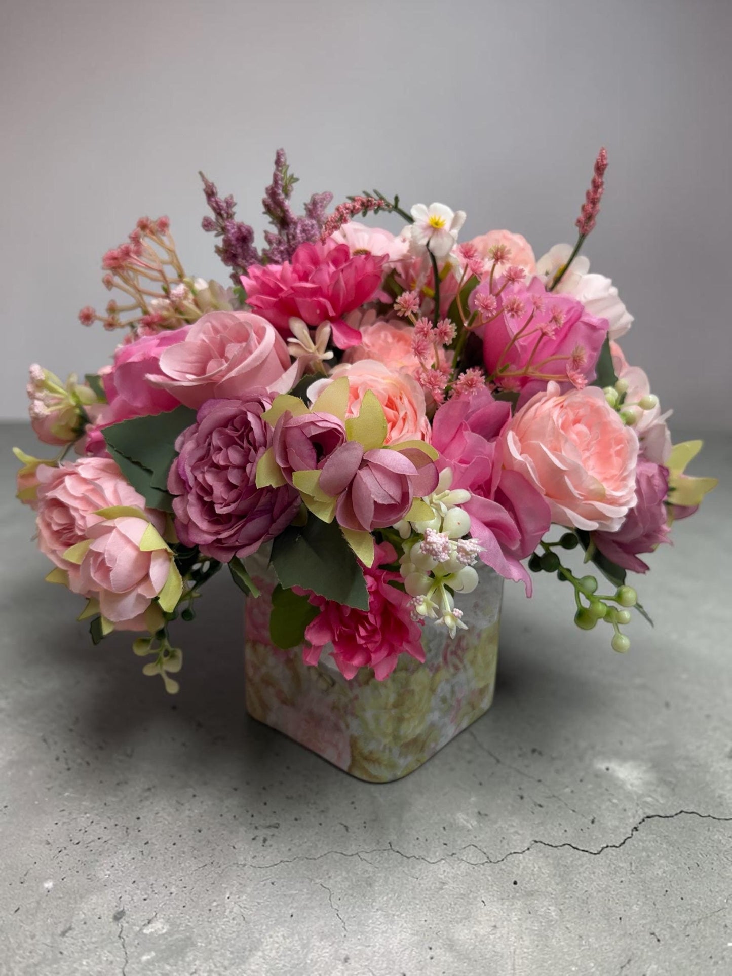 Artificial Pink Peony Rose Bouquet, Faux Flower Arrangement in Decorative Glass Jar, 13x12 Inch.
