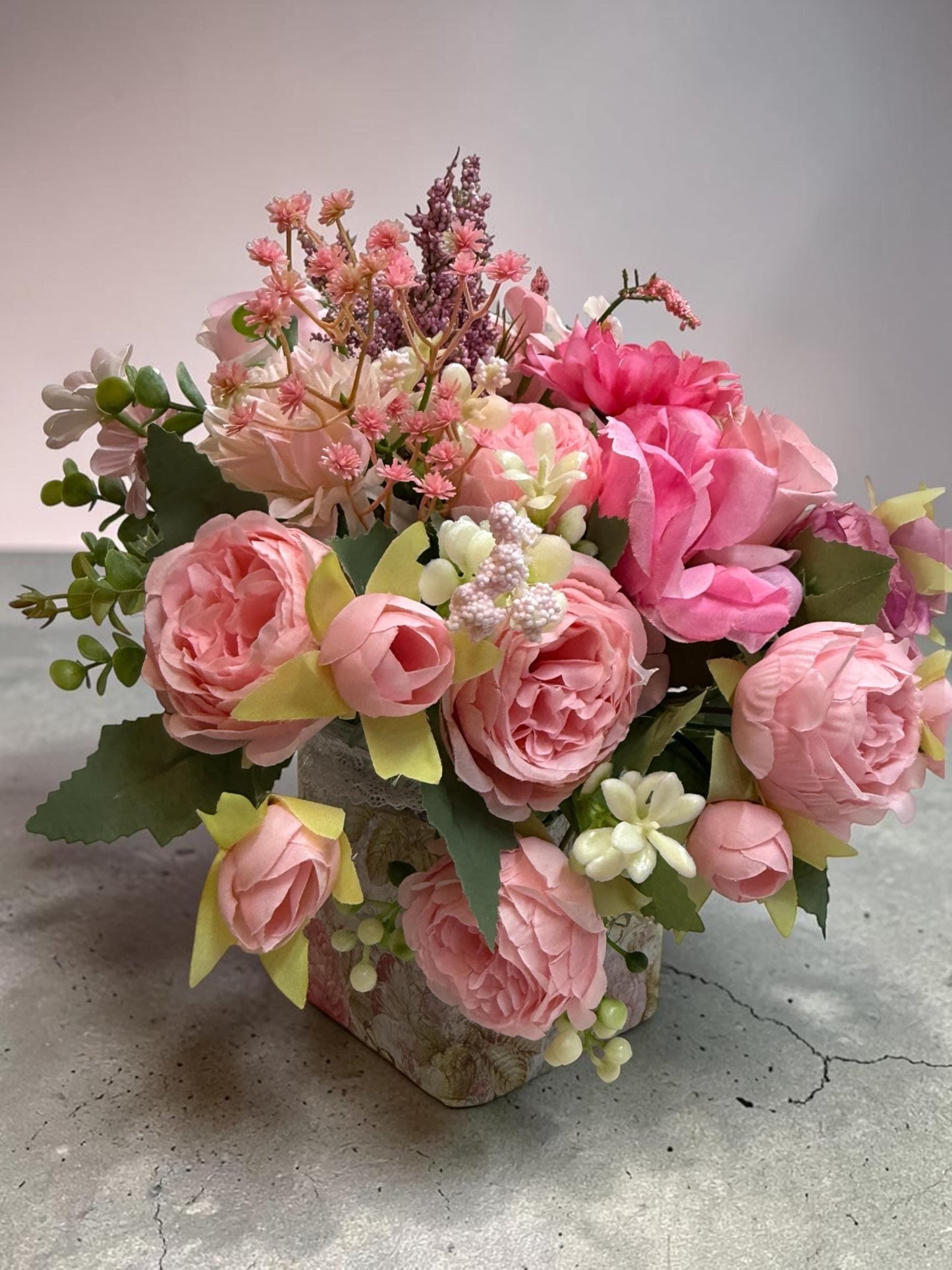 Artificial Pink Peony Rose Bouquet, Faux Flower Arrangement in Decorative Glass Jar, 13x12 Inch.