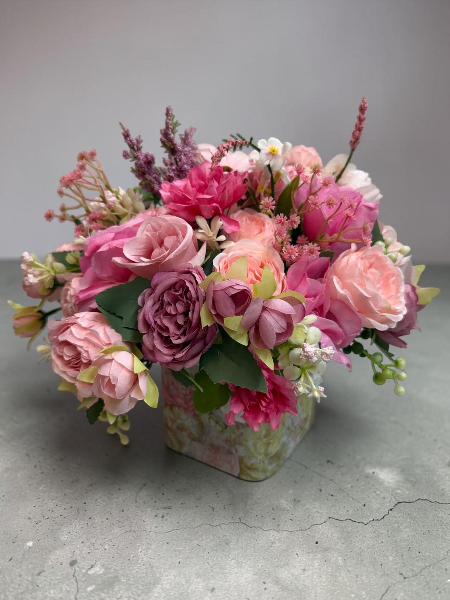 Artificial Pink Peony Rose Bouquet, Faux Flower Arrangement in Decorative Glass Jar, 13x12 Inch.