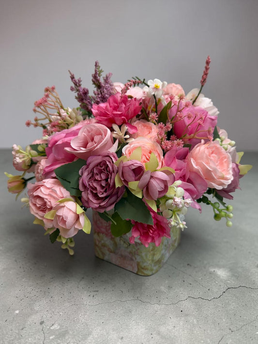 Artificial Pink Peony Rose Bouquet, Faux Flower Arrangement in Decorative Glass Jar, 13x12 Inch.