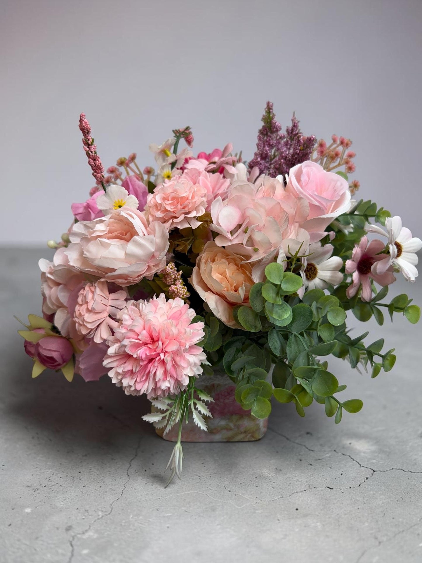 Artificial Pink Peony Rose Bouquet, Faux Flower Arrangement in Decorative Glass Jar, 13x12 Inch.