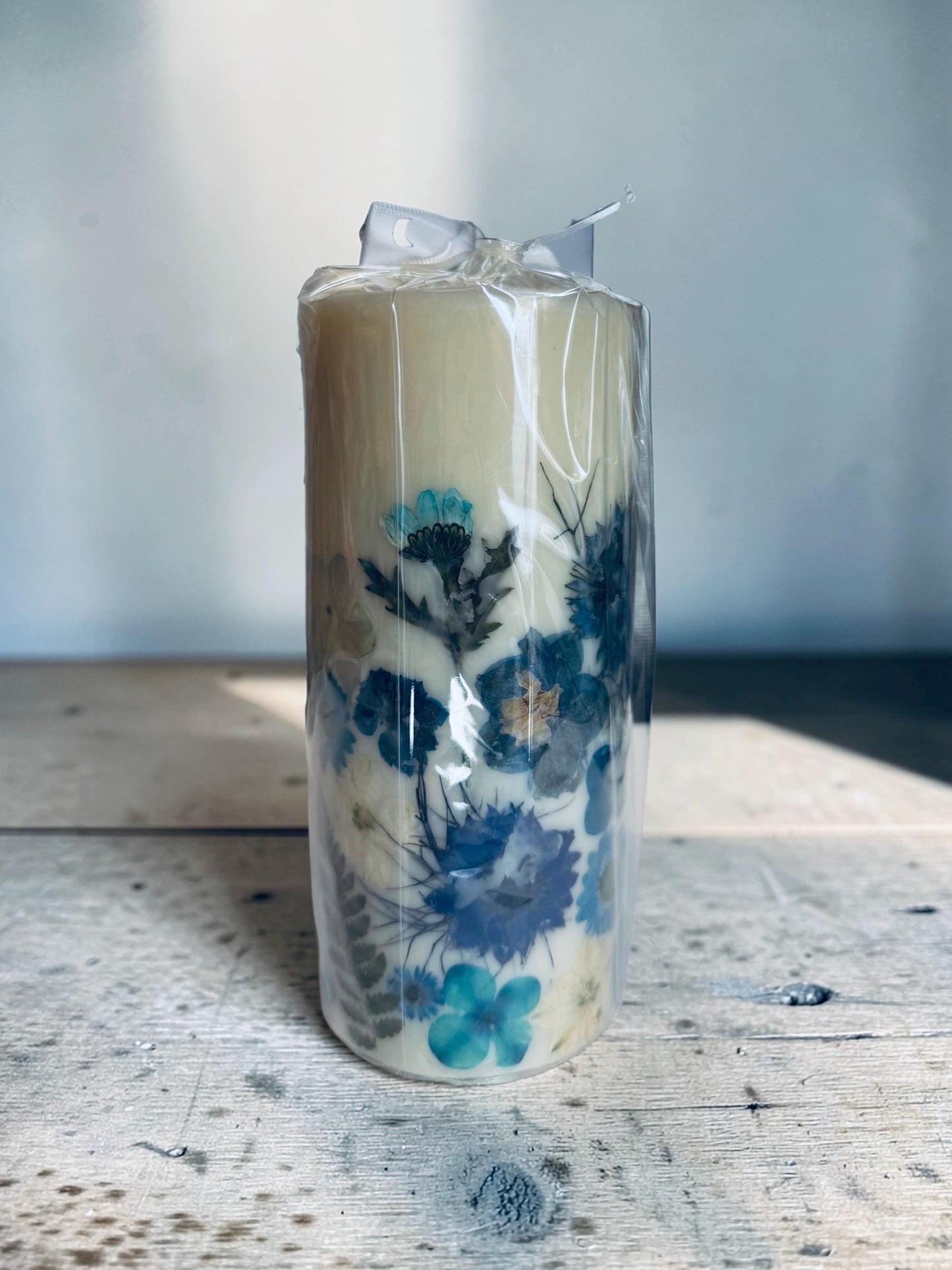 Blue Pressed Flower Handmade Decorative Botanical Pillar Candles with Real Pressed Flowers. Candle w Dried Flowers, Custom Candles