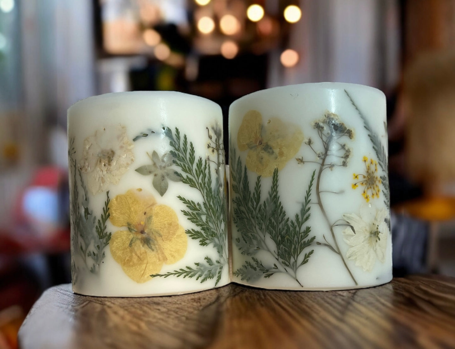 Set of Beautiful Hand Pressed Botanical Pillar Candles