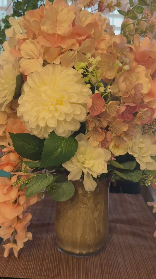 Pink,Dusty Pink and White Floral Arrangement 13” x 11” x 21”. Brown and Cream Glass vase