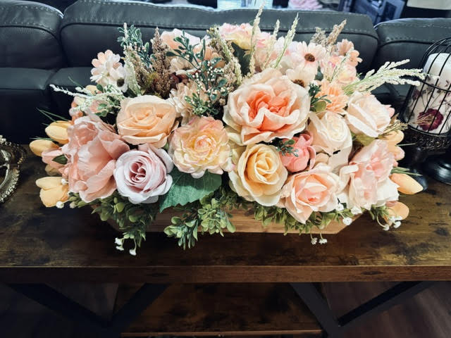 Faux Light Peach Pink Floral Arrangement in Wooden Box, Artificial Flower Decor, 28" x 21"
