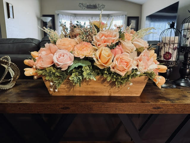 Faux Light Peach Pink Floral Arrangement in Wooden Box, Artificial Flower Decor, 28" x 21"