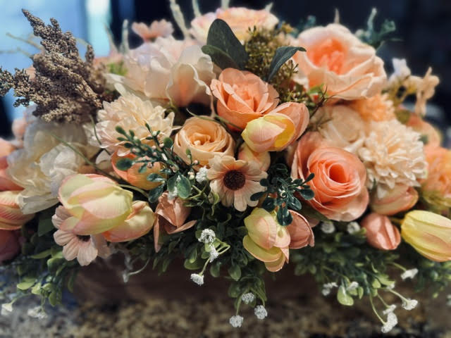 Faux Light Peach Pink Floral Arrangement in Wooden Box, Artificial Flower Decor, 28" x 21"