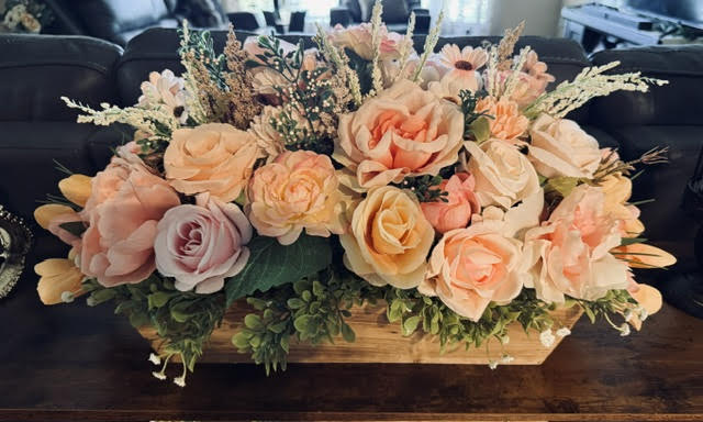 Faux Light Peach Pink Floral Arrangement in Wooden Box, Artificial Flower Decor, 28" x 21"