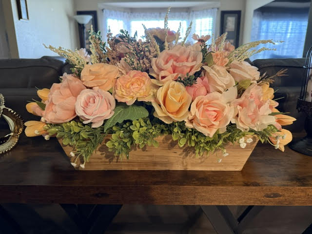 Faux Light Peach Pink Floral Arrangement in Wooden Box, Artificial Flower Decor, 28" x 21"