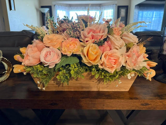 Faux Light Peach Pink Floral Arrangement in Wooden Box, Artificial Flower Decor, 28" x 21"