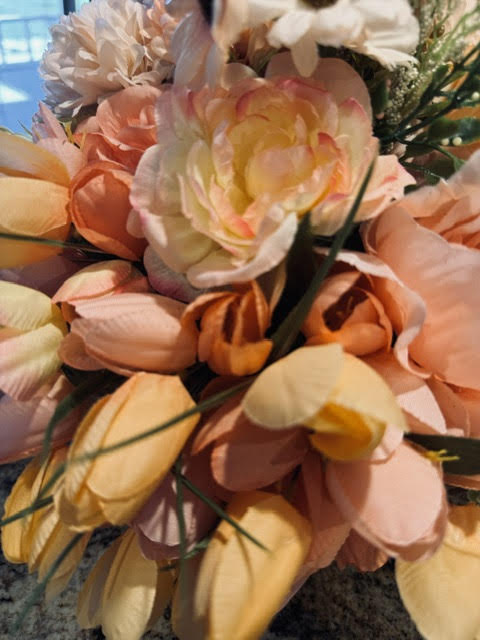 Faux Light Peach Pink Floral Arrangement in Wooden Box, Artificial Flower Decor, 28" x 21"