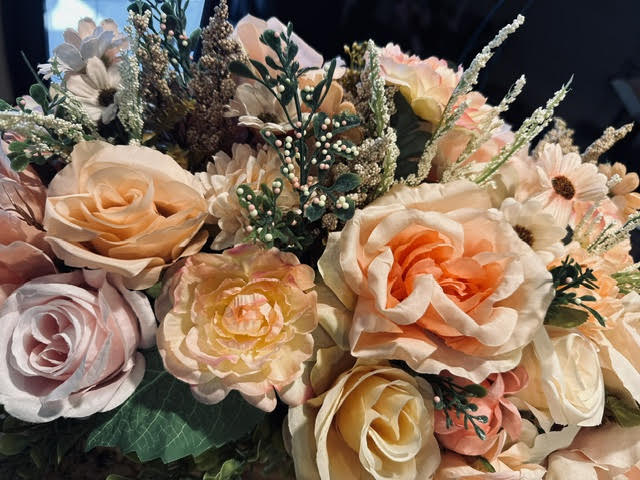Faux Light Peach Pink Floral Arrangement in Wooden Box, Artificial Flower Decor, 28" x 21"