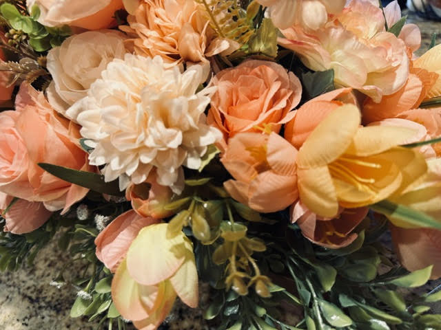 Faux Light Peach Pink Floral Arrangement in Wooden Box, Artificial Flower Decor, 28" x 21"